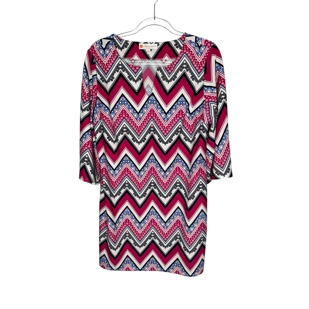 Jude Connally Shift Dress Size L Chevron Print 3/4 Sleeve Preppy Artsy Stretch - Picture 3 of 5
